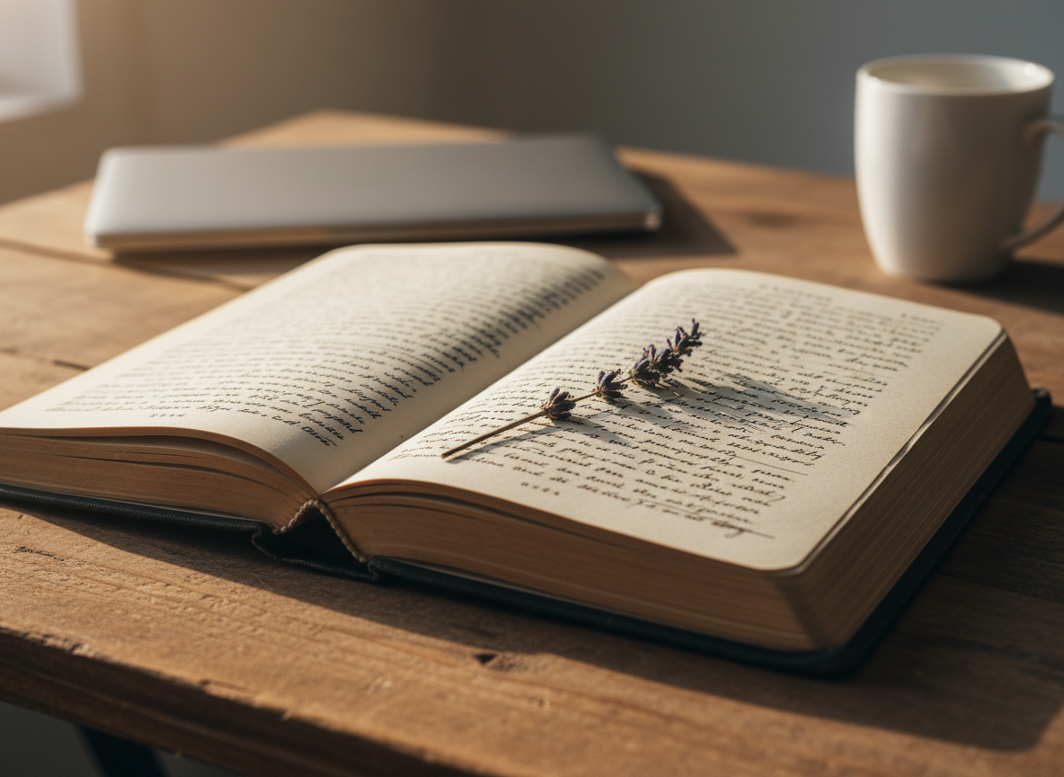 A weathered hardcover journal with a deep charcoal cloth cover, its spine slightly frayed, lies open on a simple wooden desk. Pages are filled with dense, looping handwriting and a few carefully underlined sentences, alongside a single dried wildflower pressed flat between the sheets. Diffused afternoon light enters from an unseen window, illuminating the texture of the paper and casting soft shadows across the desk’s grain. In the blurred background, a closed laptop and a plain ceramic mug create a modern yet understated workspace. Shot at eye level with a shallow depth of field, the focus rests on the journal’s center crease, evoking a mood of quiet reflection and hard-won resilience in a clean, photographic realism style.