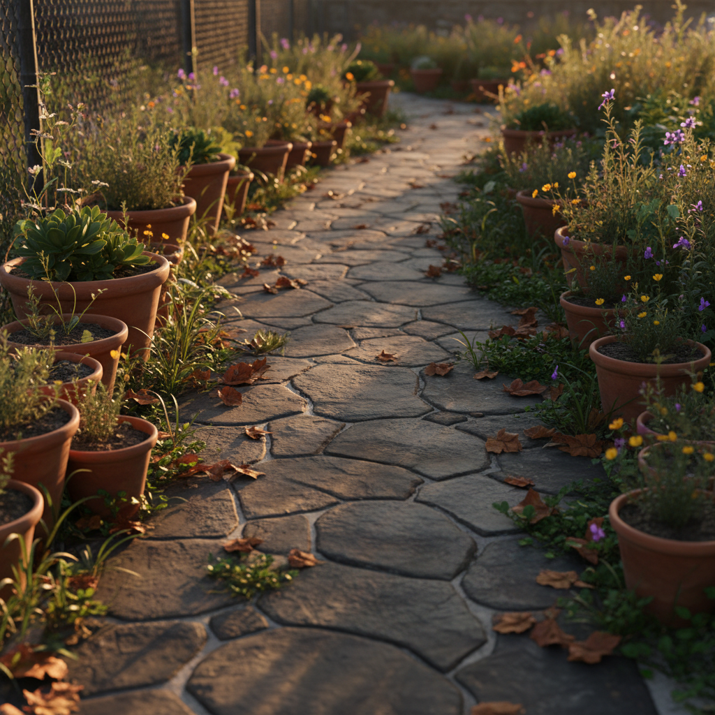A cracked but lovingly repaired stone pathway winds through a small, overgrown urban garden, bordered by mismatched terracotta pots filled with resilient greenery pushing through dry soil. Fallen leaves and a few tiny weeds gather in the seams of the stones, hinting at both neglect and persistence. Late afternoon golden light filters through a chain-link fence, creating patchy, warm highlights on the rough surfaces and long, gentle shadows. The composition follows the path in a leading-line perspective from foreground to distance, with a moderate depth of field so textures remain sharp. The mood is contemplative and quietly hopeful, captured in photographic realism with natural colors and subtle contrasts that suggest a journey from damage toward slow, patient healing.