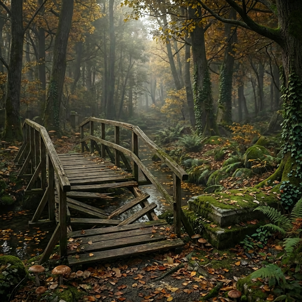 A broken wooden bridge in a foggy autumn forest cemetery with a blue kintsugi vase.